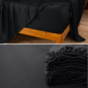 Bamboo fitted sheet on a wooden bed with a close-up of the folded sheet below.