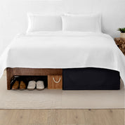 A split image showing a bed without a bed skirt on the left and with a bed skirt on the right.
