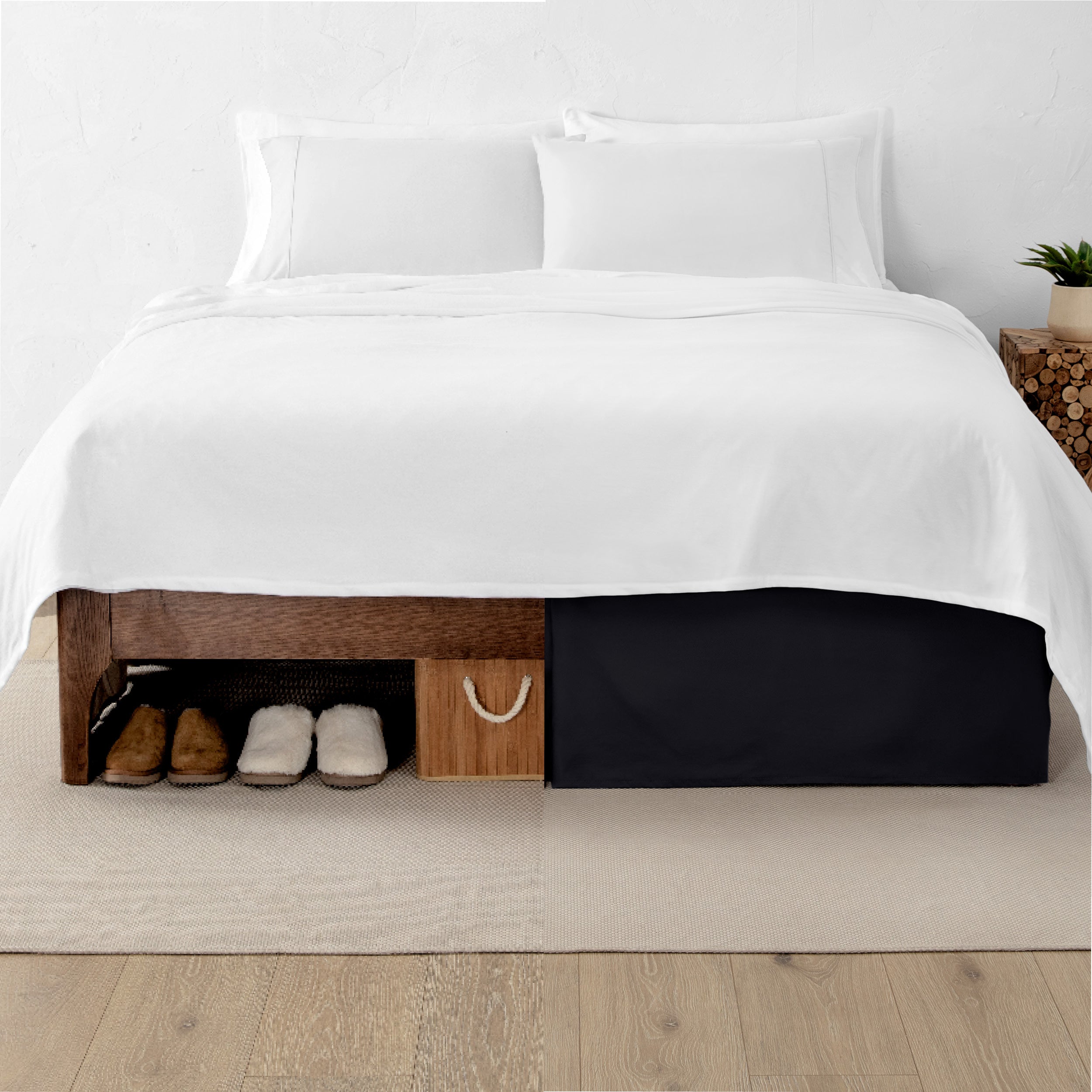 A split image showing a bed without a bed skirt on the left and with a bed skirt on the right.