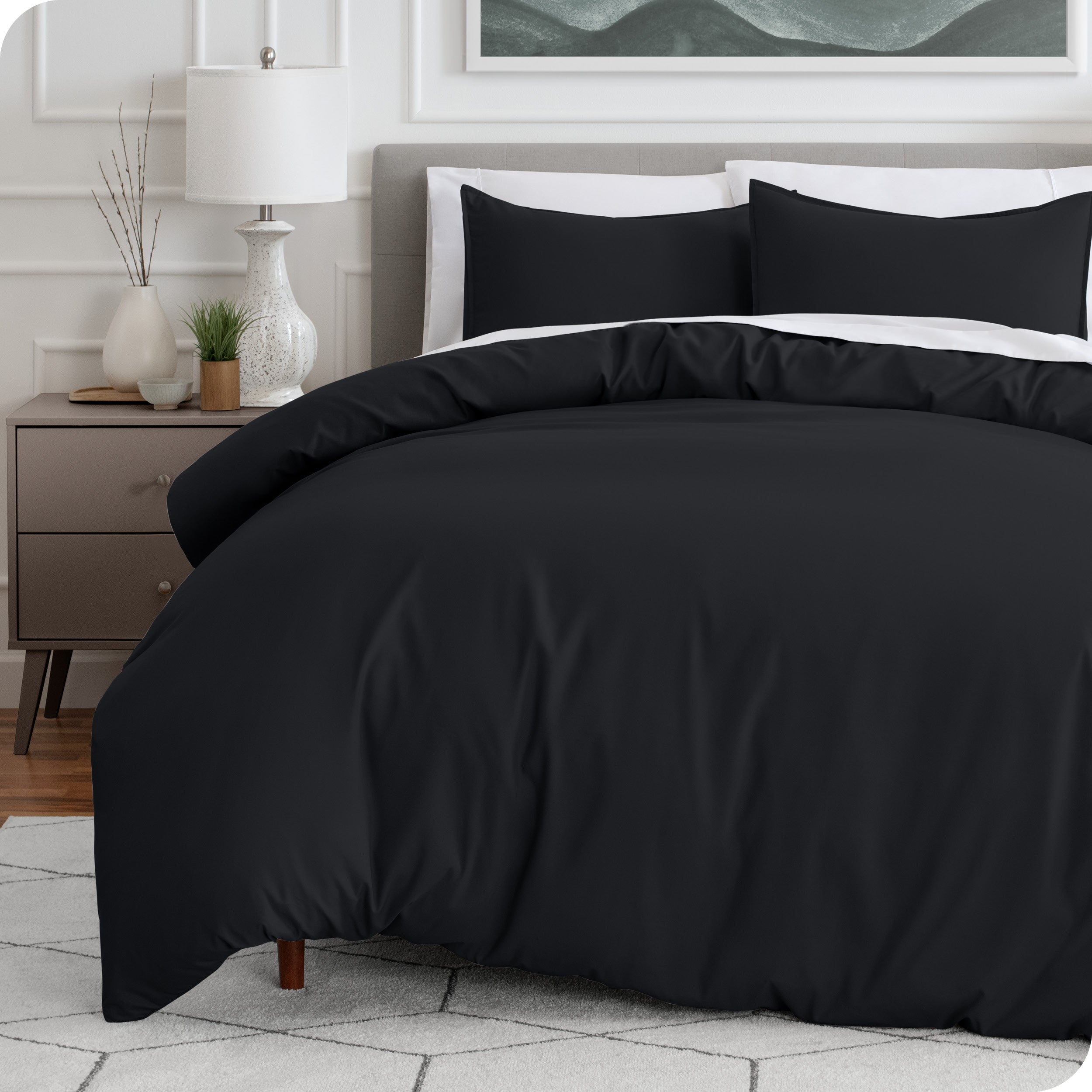 Modern bedroom with a microfiber duvet cover on the bed