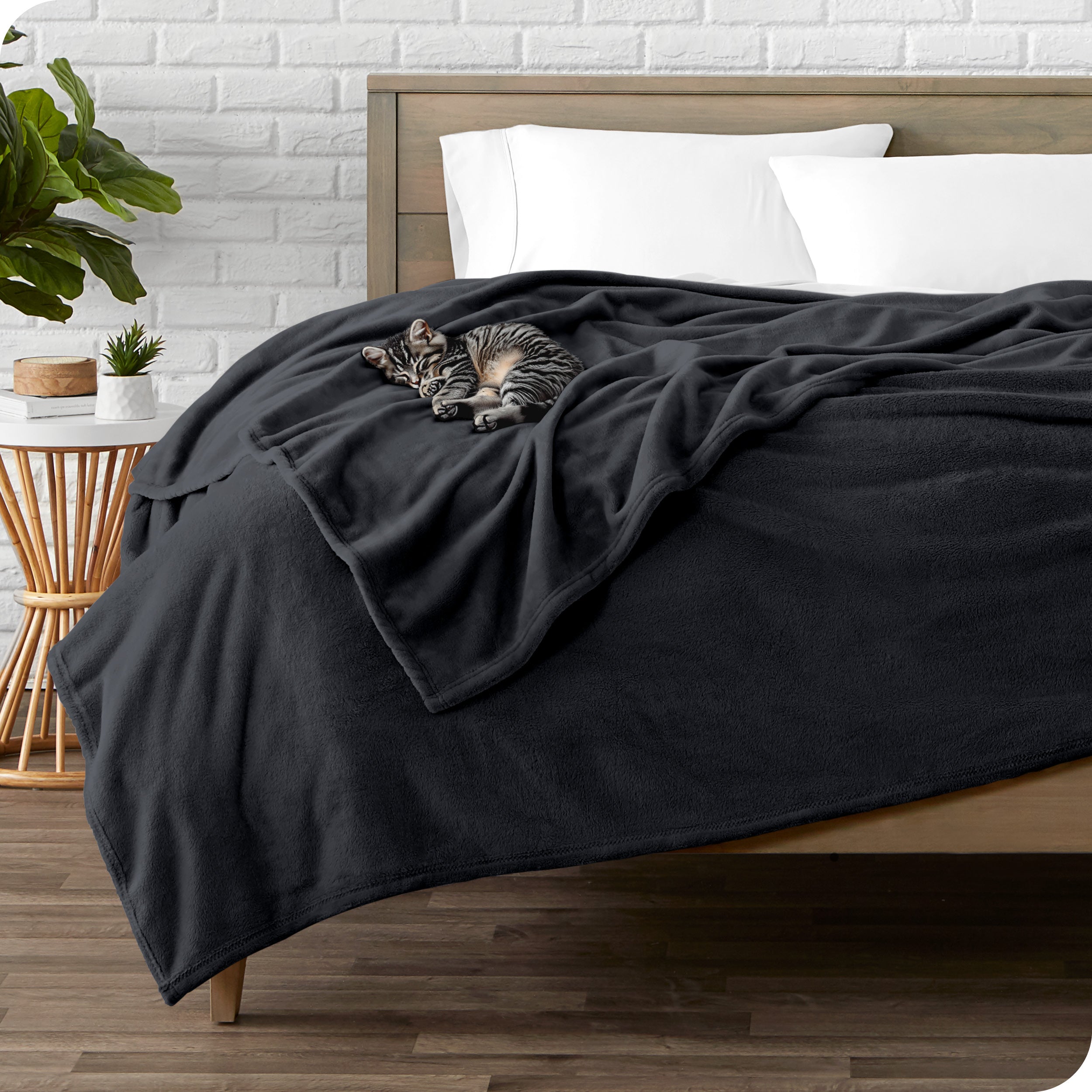 Microplush blanket laid out over a bed and folded back over itself