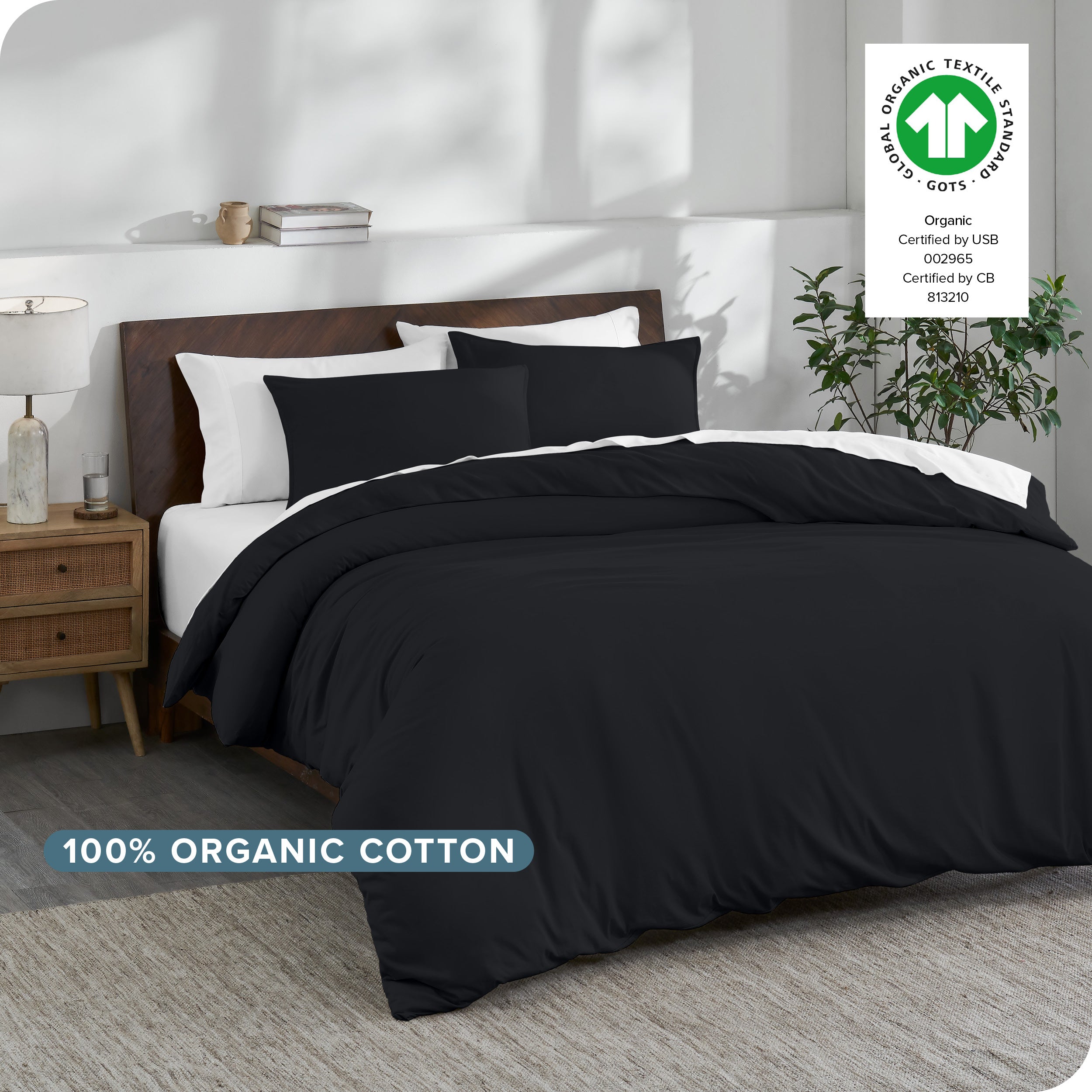A modern bedroom with an organic cotton duvet set on the bed