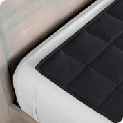Close up of the corner of a weighted blanket on a bed