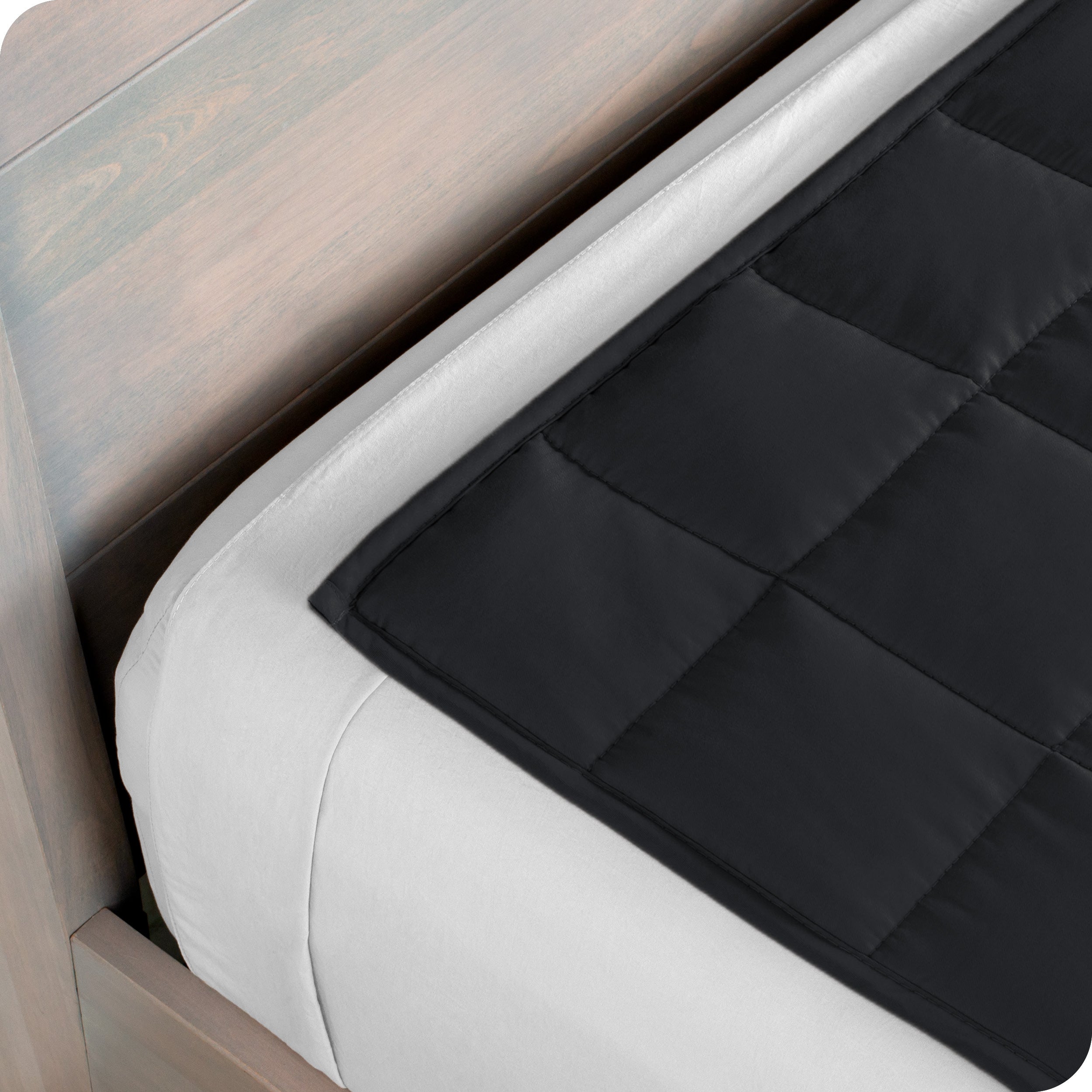 Close up of the corner of a weighted blanket on a bed
