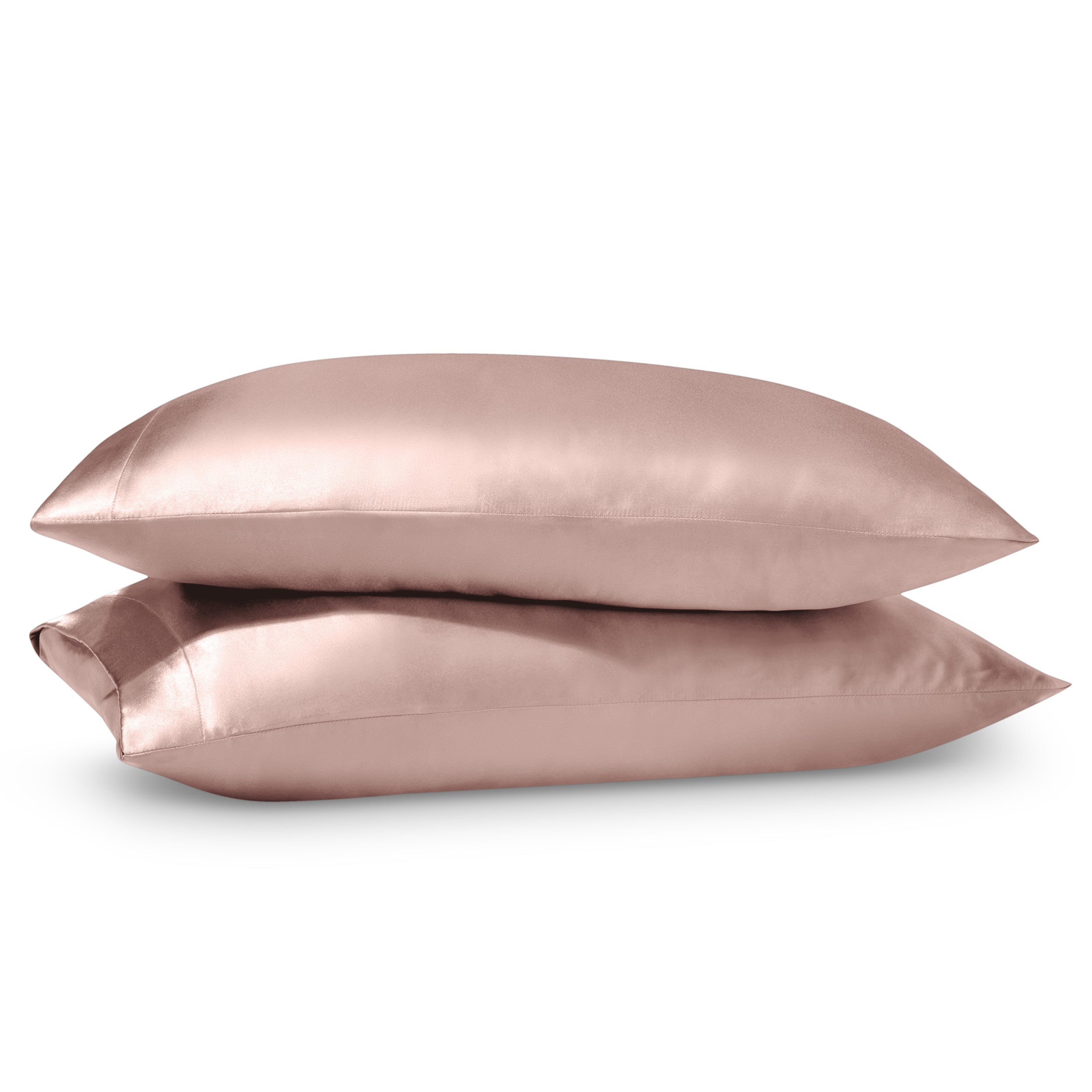 Two pillows on a white background with satin pillowcases on them.