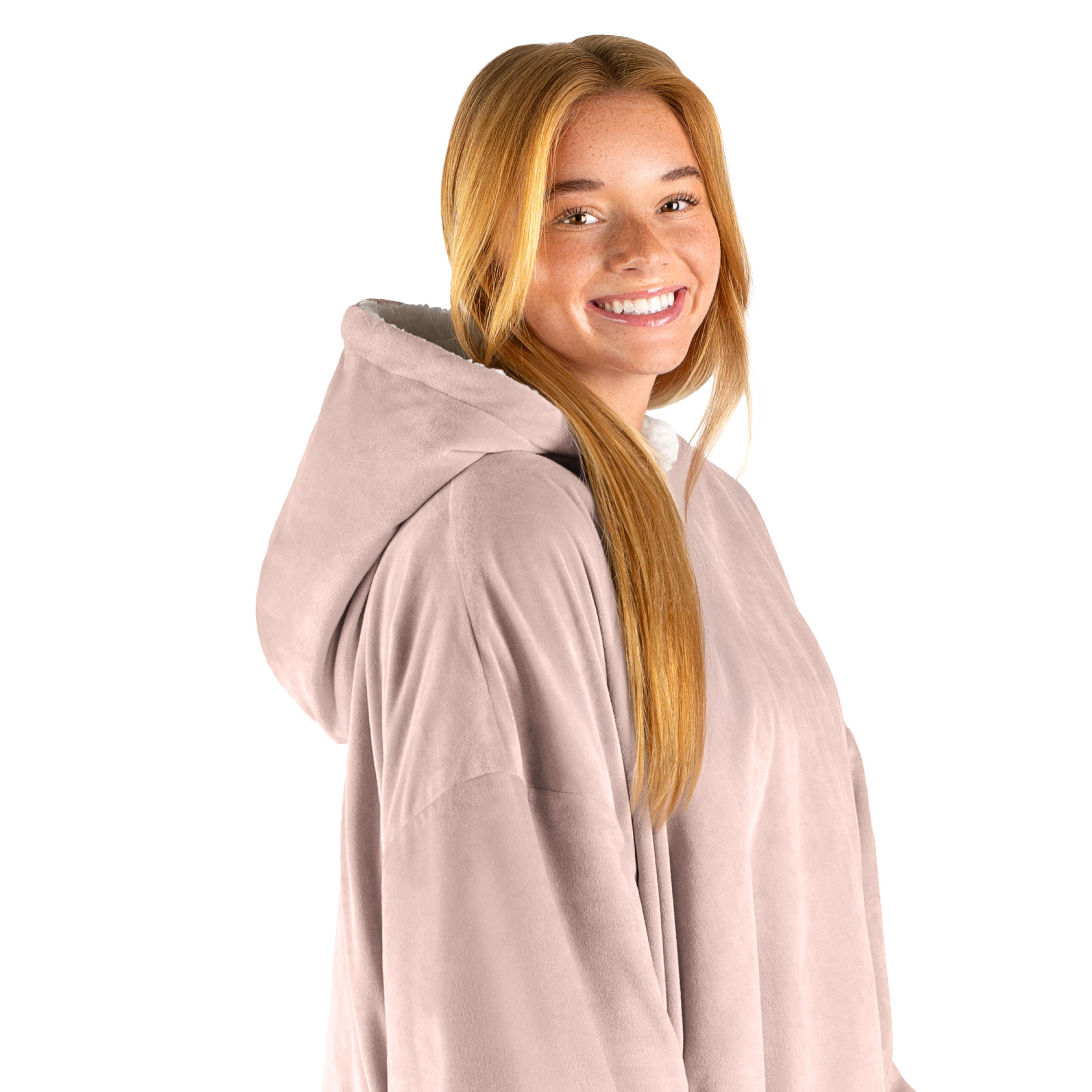 An adult with a hooded wearable blanket on