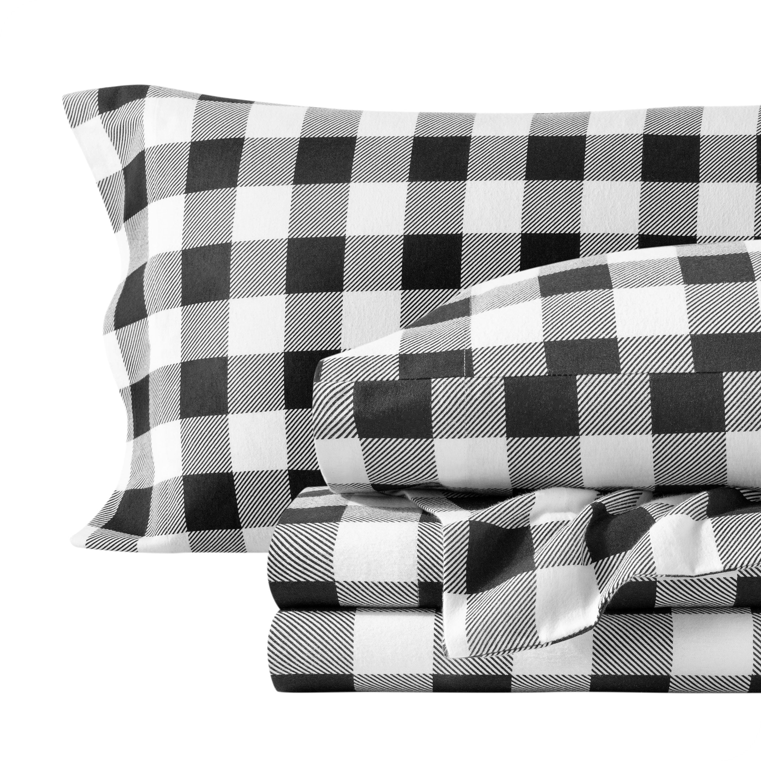Plaid flannel sheets folded and stacked