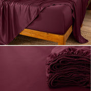 Bamboo fitted sheet on a wooden bed with a close-up of the folded sheet below.
