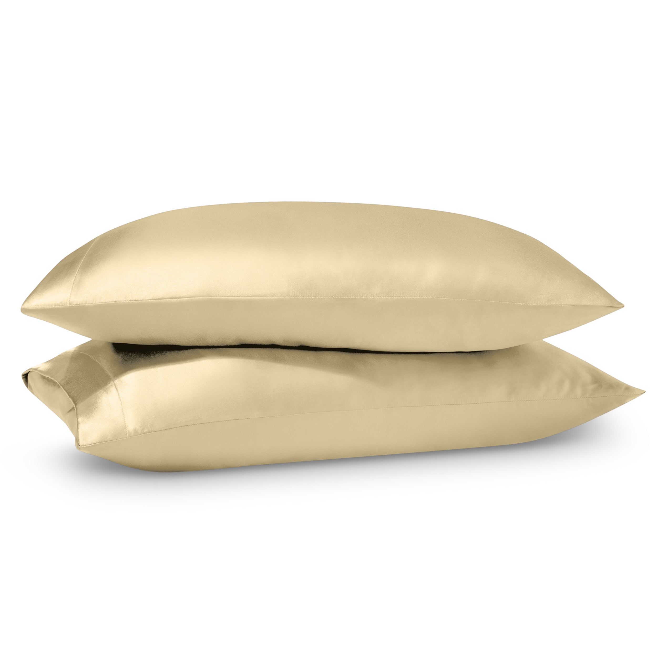 Two pillows on a white background with satin pillowcases on them.