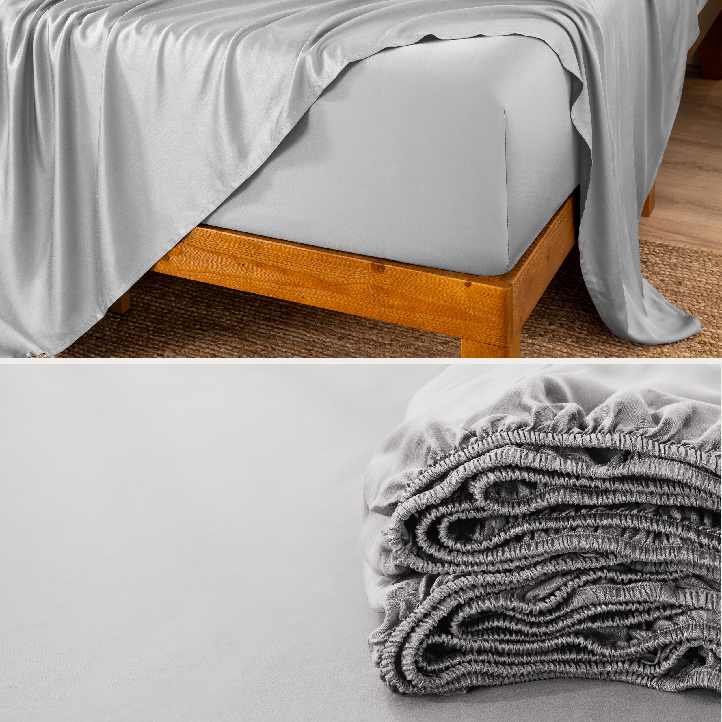 Bamboo fitted sheet on a wooden bed with a close-up of the folded sheet below.