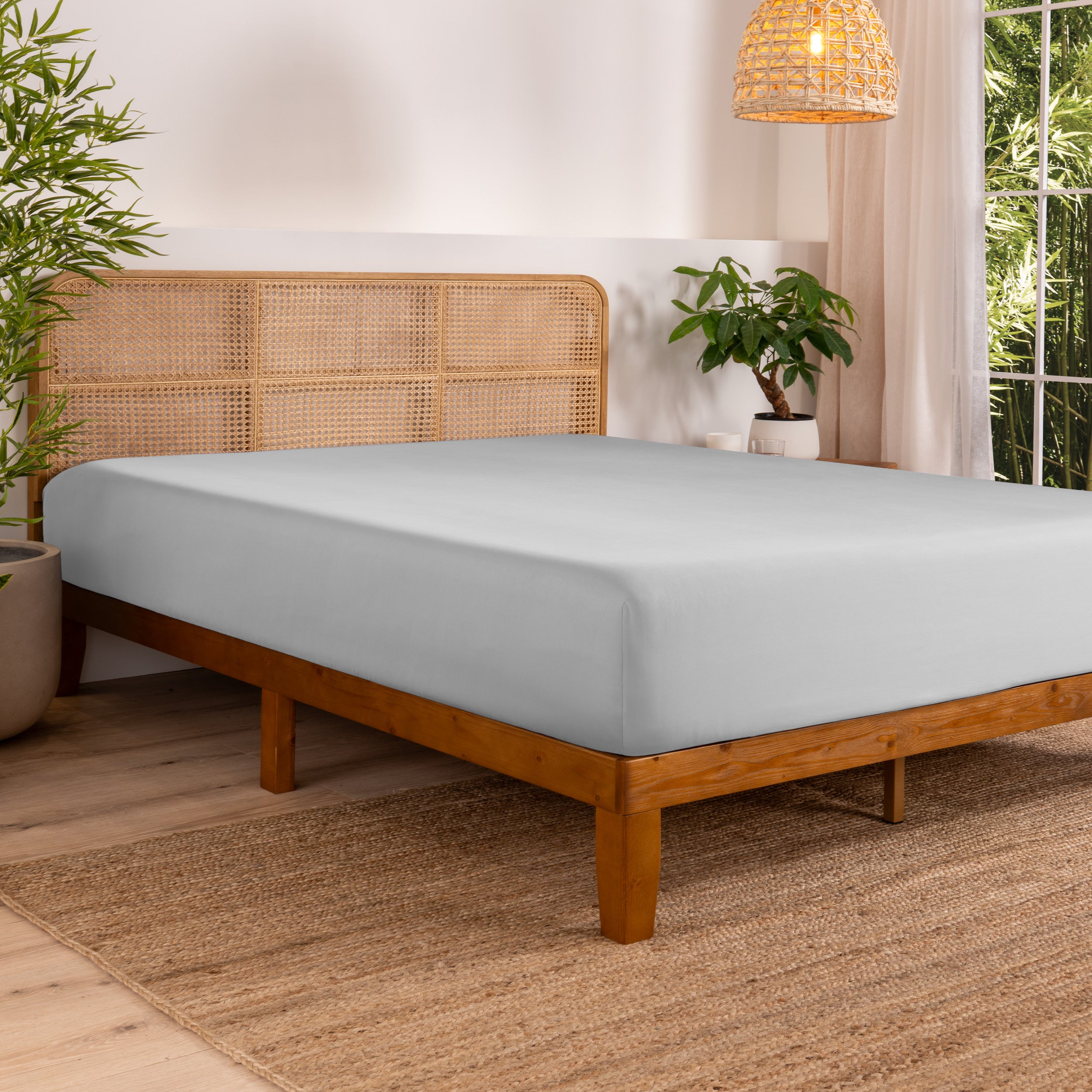 Bed with fitted sheet in a bedroom setting with plants and a lamp.