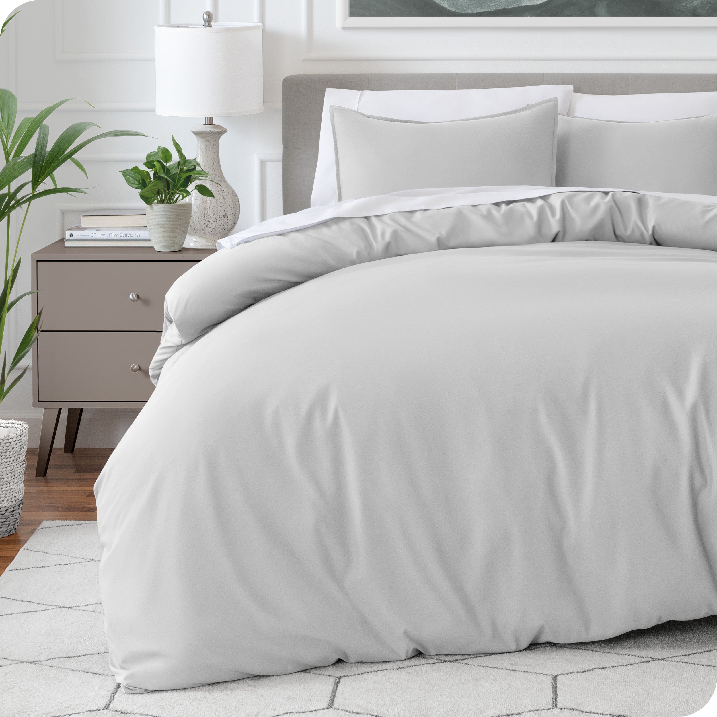 Modern bedroom with a microfiber duvet cover on the bed