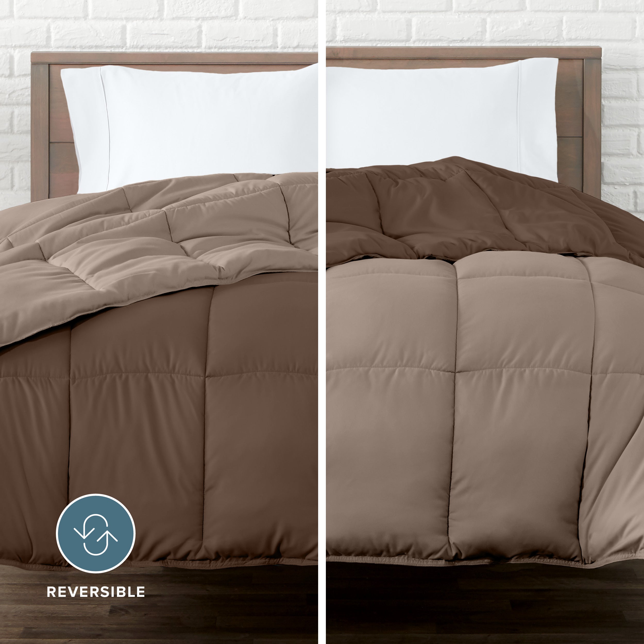 An image divided in two sides showing different side's color of reversible comforter on a bed.