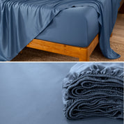Bamboo fitted sheet on a wooden bed with a close-up of the folded sheet below.