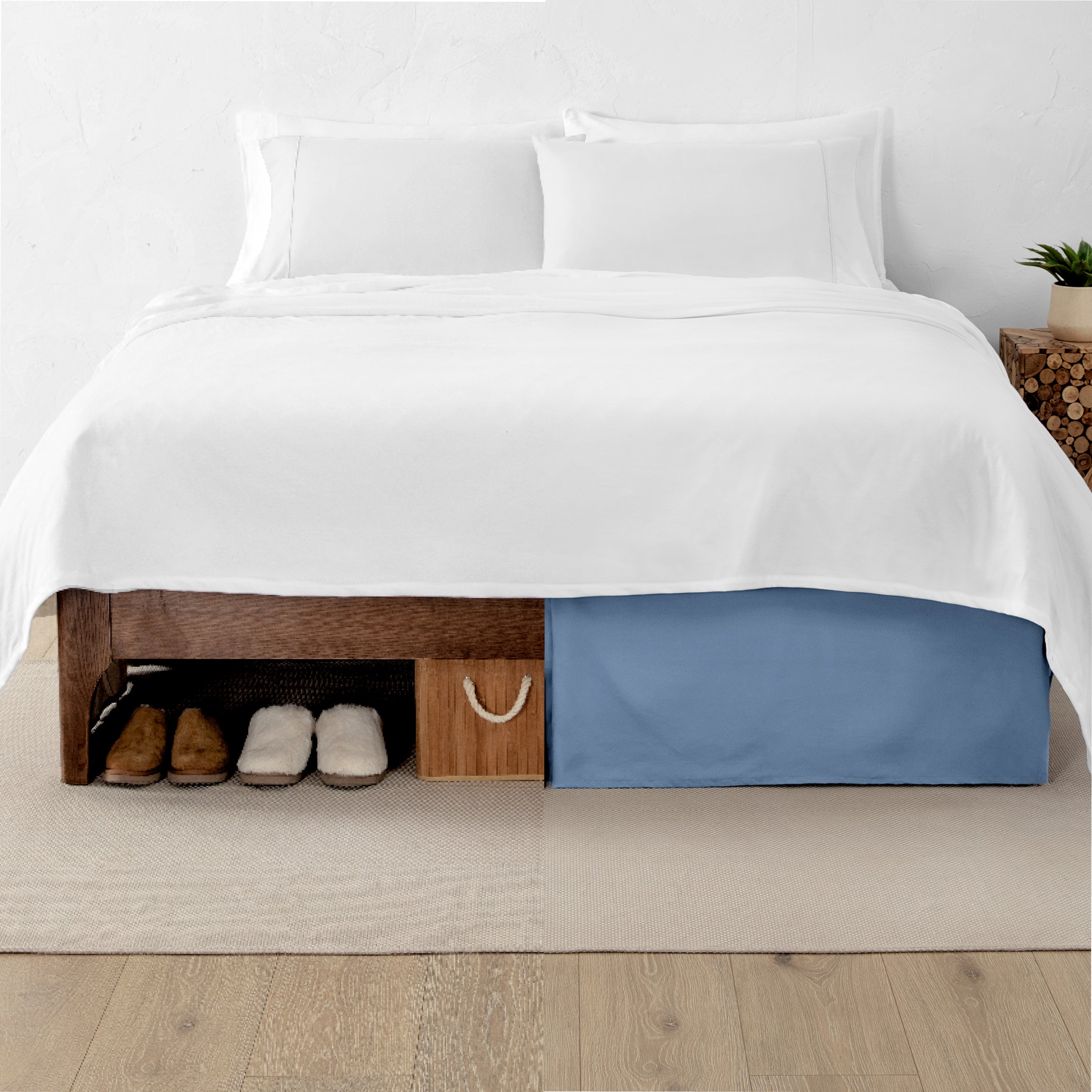 A split image showing a bed without a bed skirt on the left and with a bed skirt on the right.