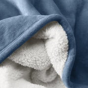 Close up of sherpa blanket showing texture of velvety soft side and sherpa backing