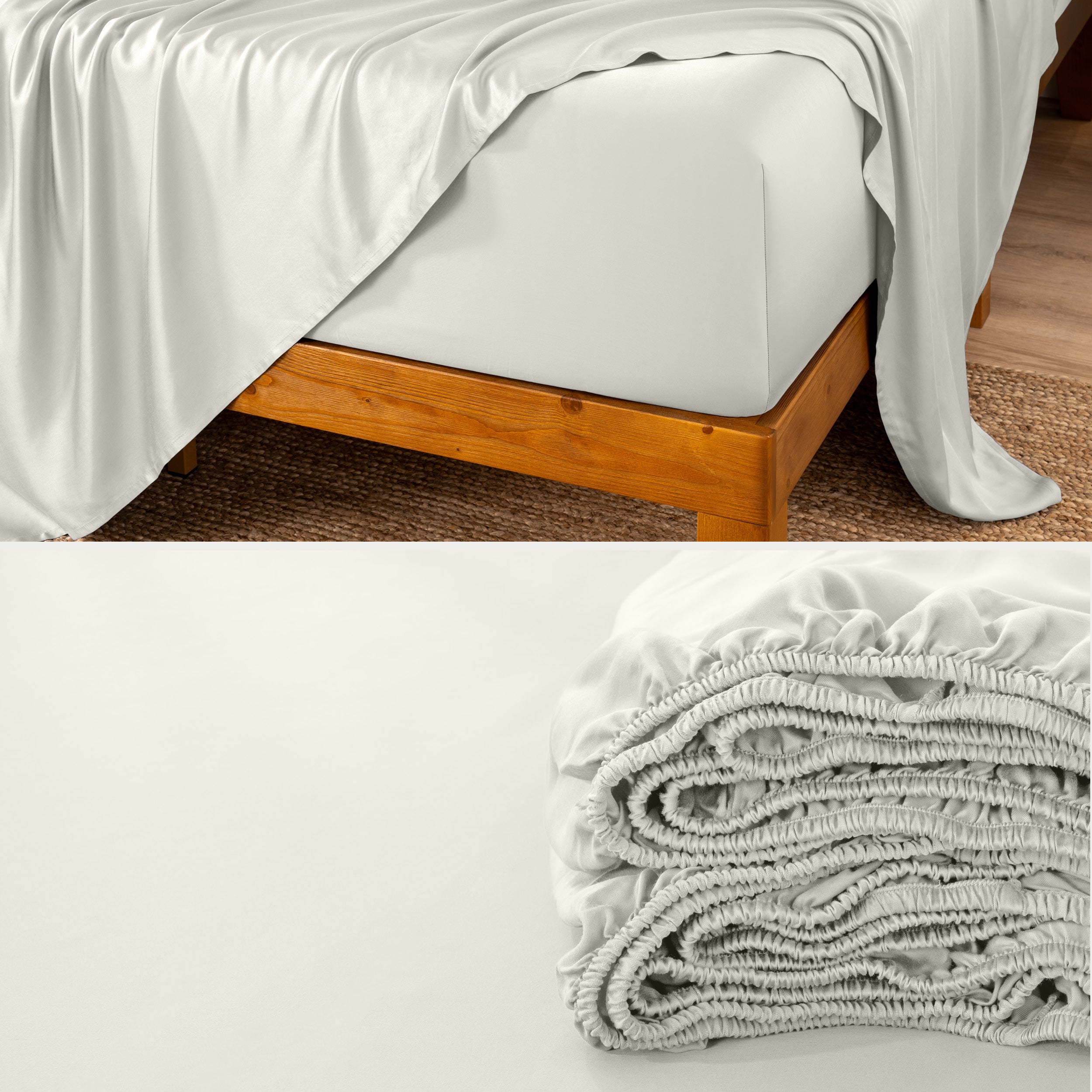 Bamboo fitted sheet on a wooden bed with a close-up of the folded sheet below.