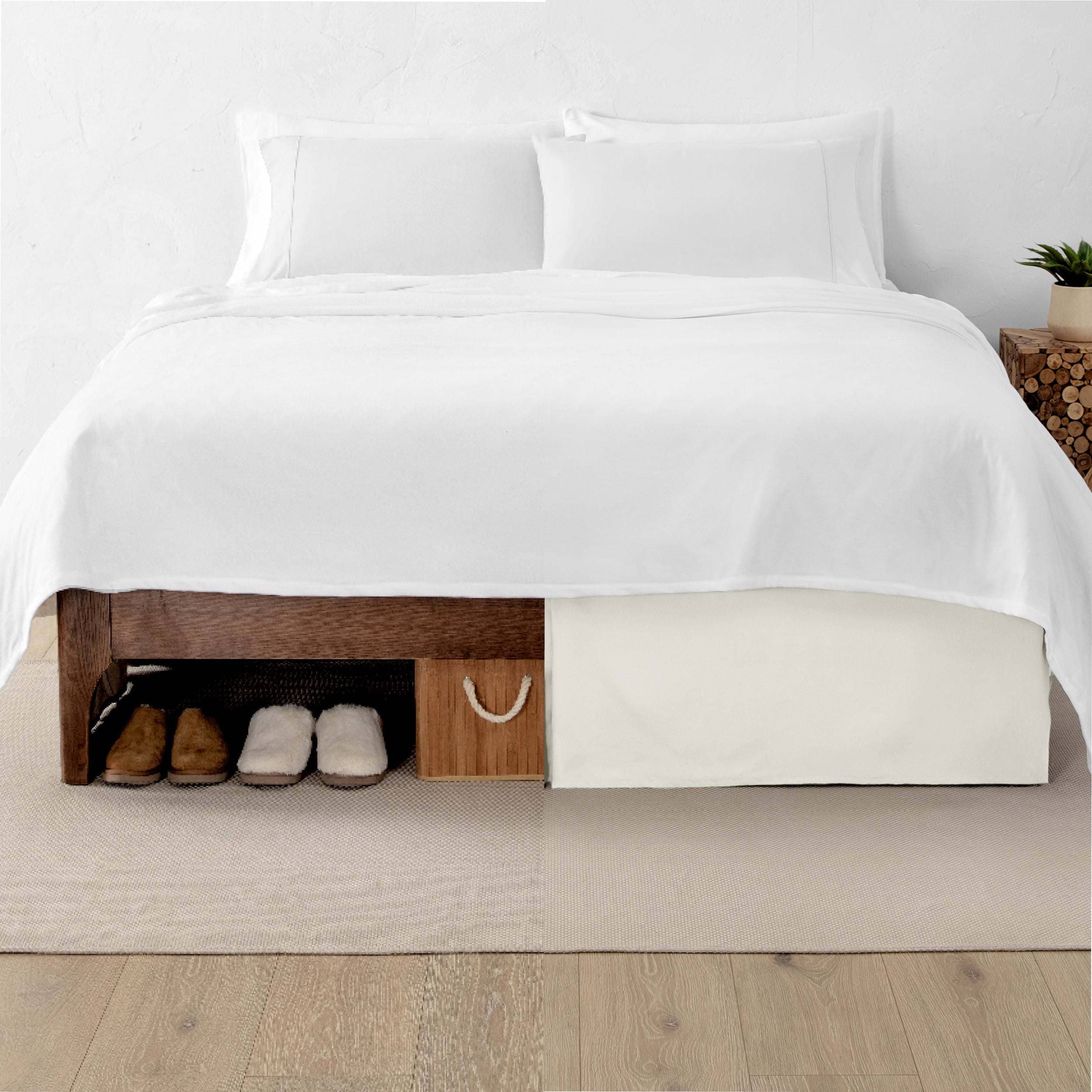 A split image showing a bed without a bed skirt on the left and with a bed skirt on the right.