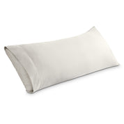 A body pillowcase on a pillow set against a headboard