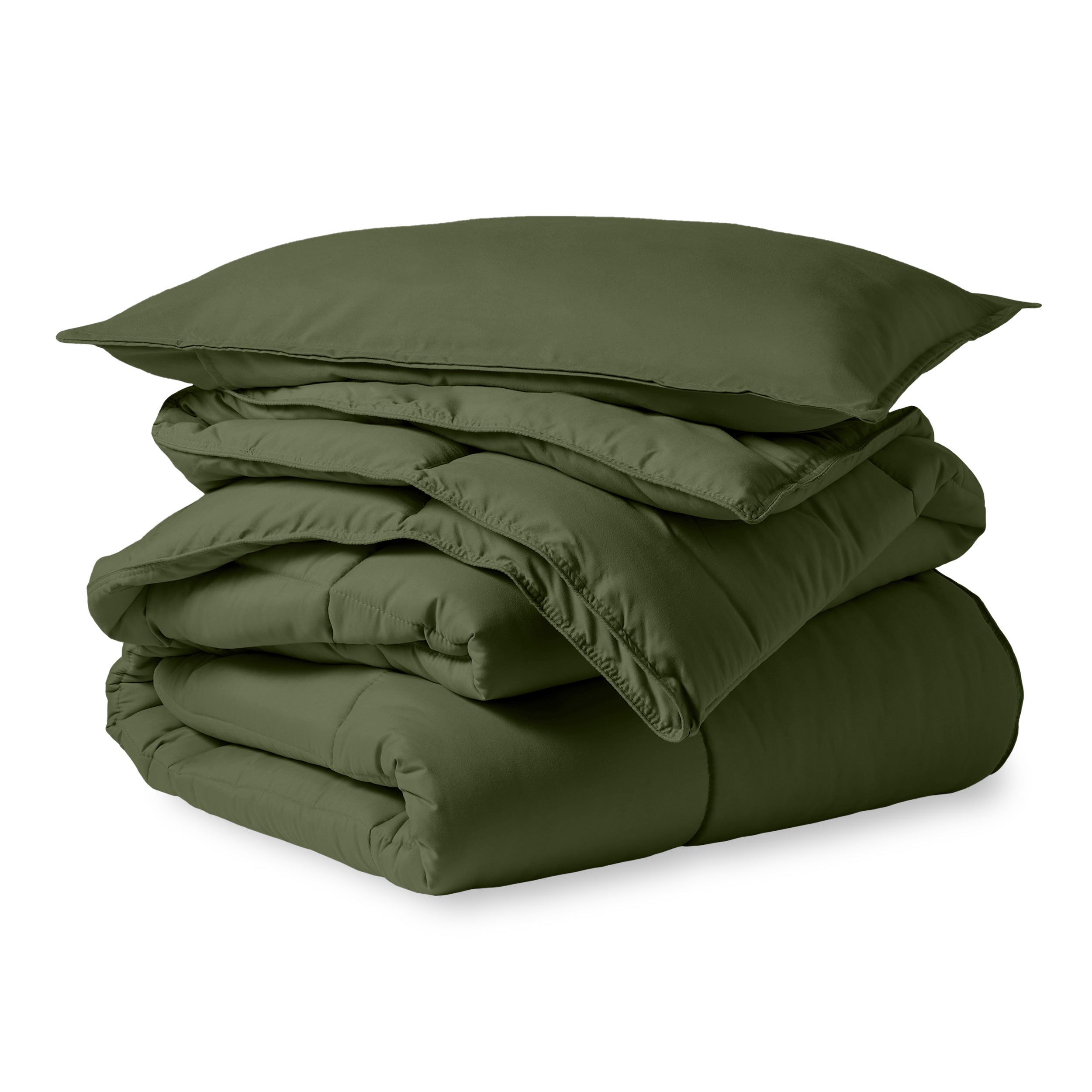 A microfiber comforter folded neatly with a pillow from above