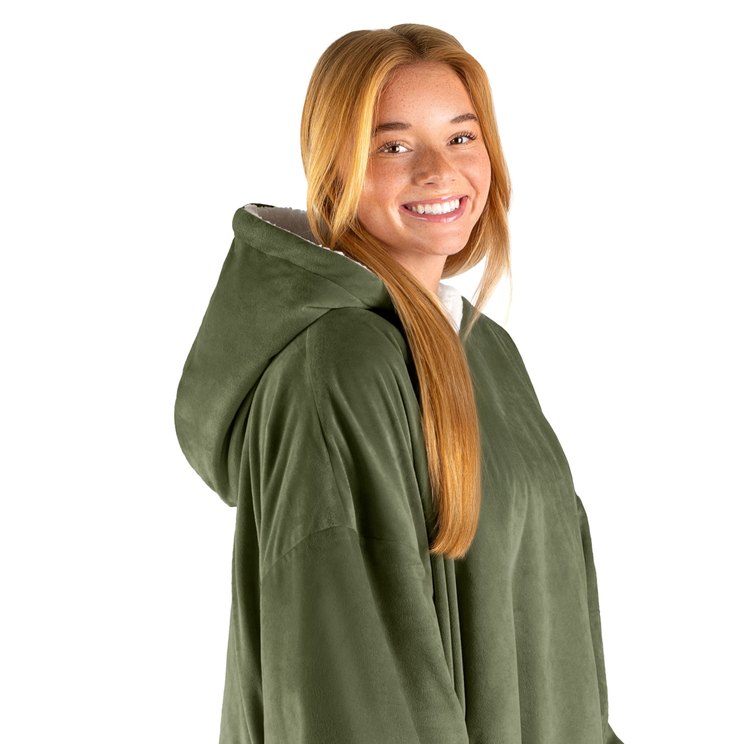 An adult with a hooded wearable blanket on