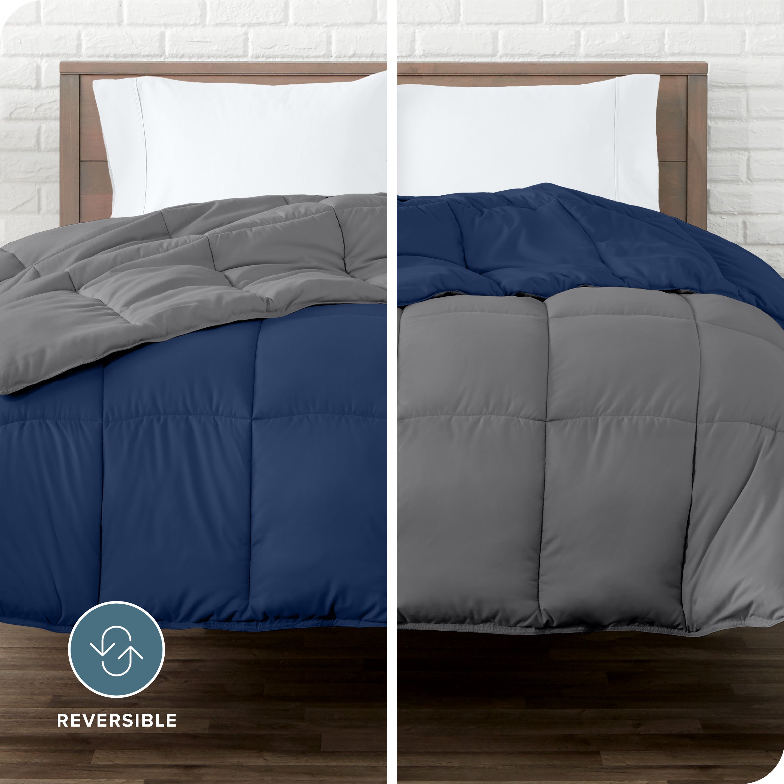 An image divided in two sides showing different side's color of reversible comforter on a bed.