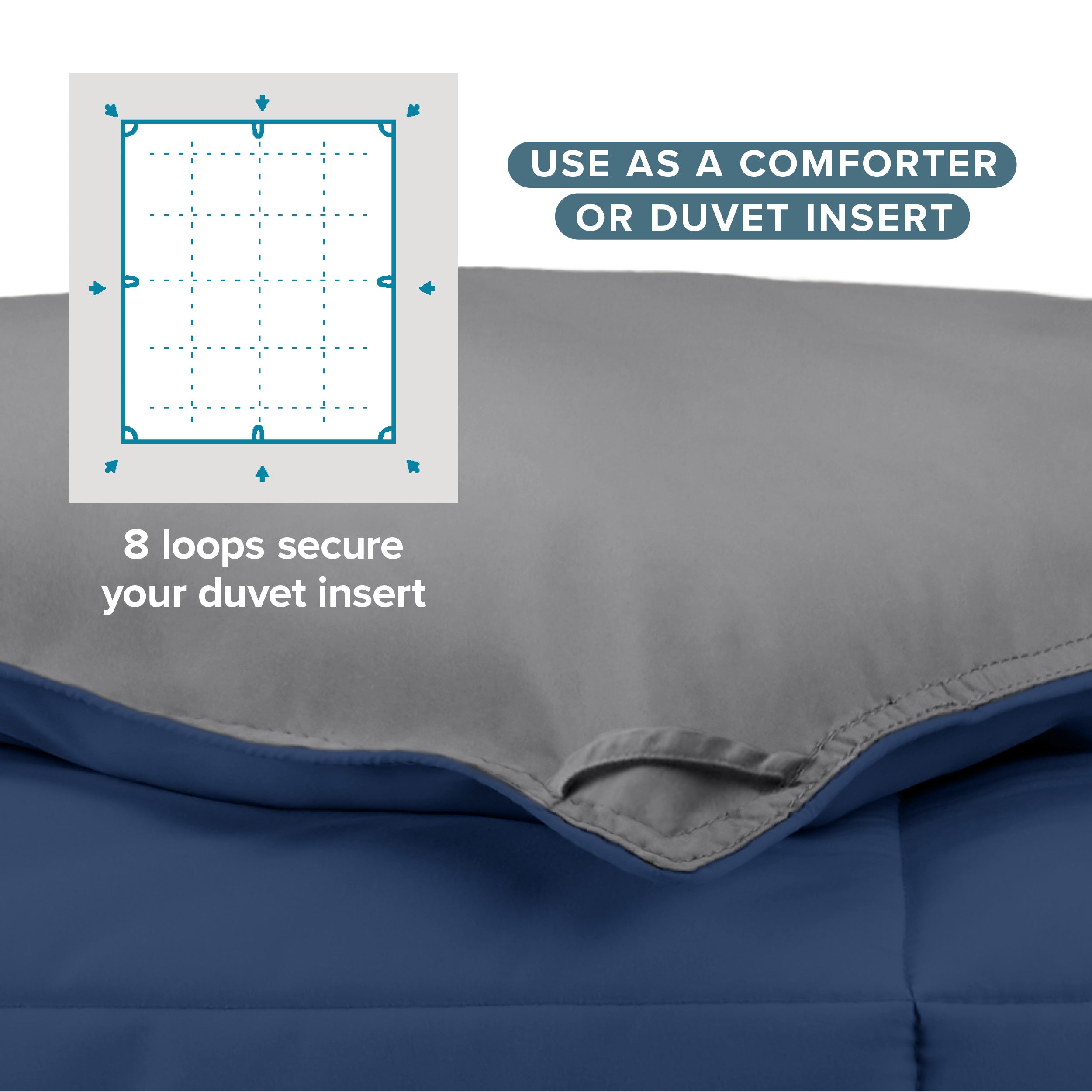 The 8 loops of the comforter used to attach a duvet cover.