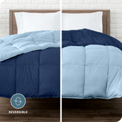 An image divided in two sides showing different side's color of reversible comforter on a bed.