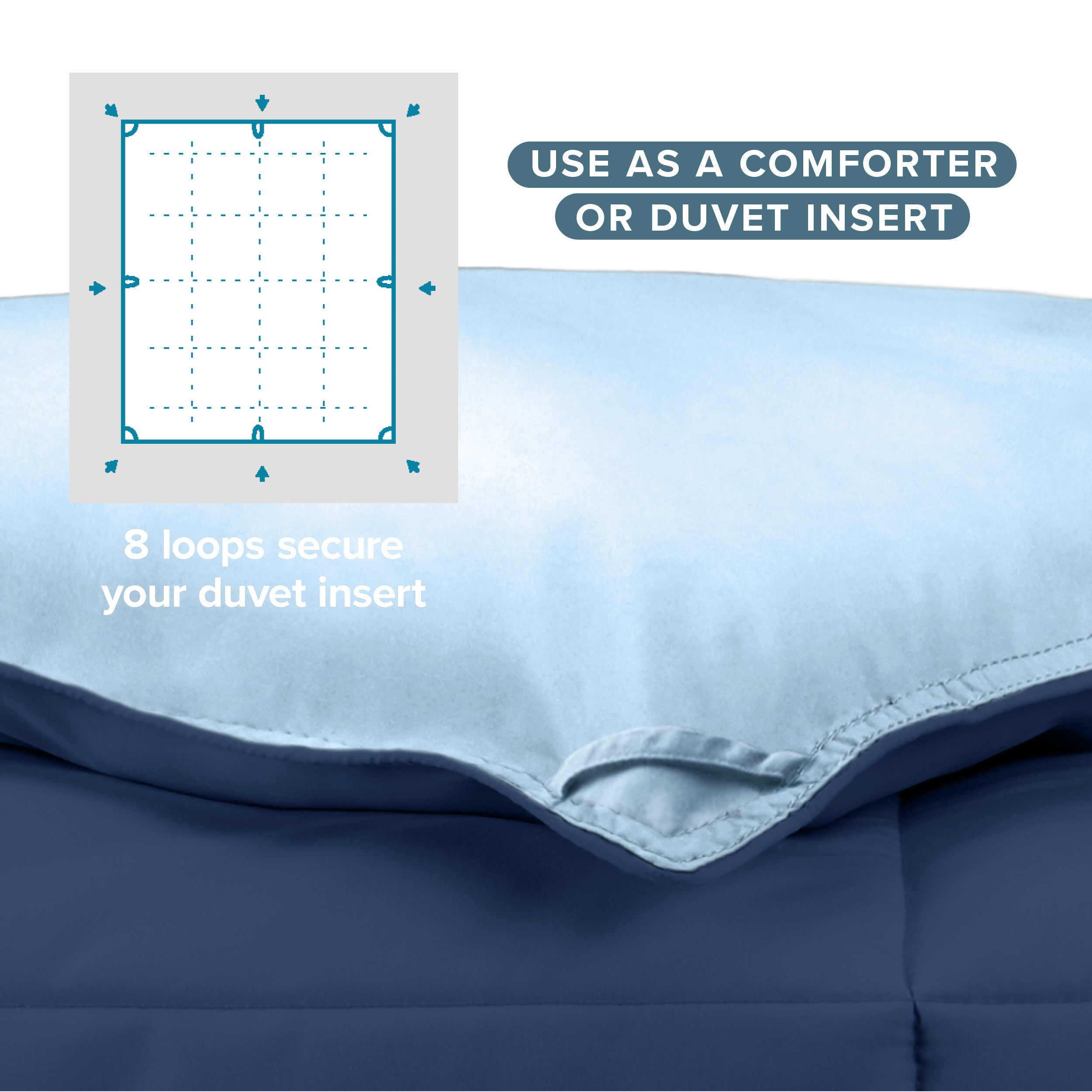 The 8 loops of the comforter used to attach a duvet cover.