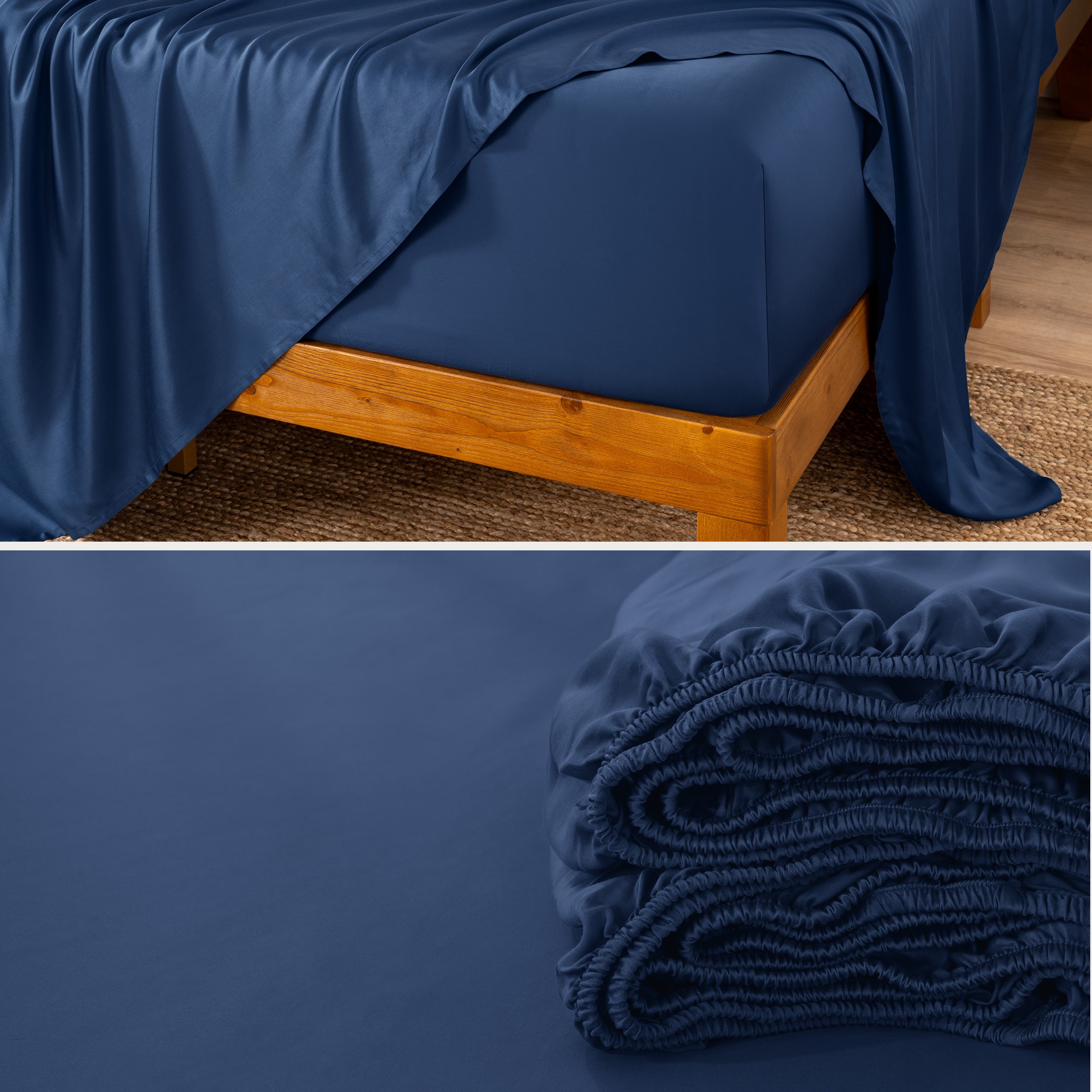 Bamboo fitted sheet on a wooden bed with a close-up of the folded sheet below.