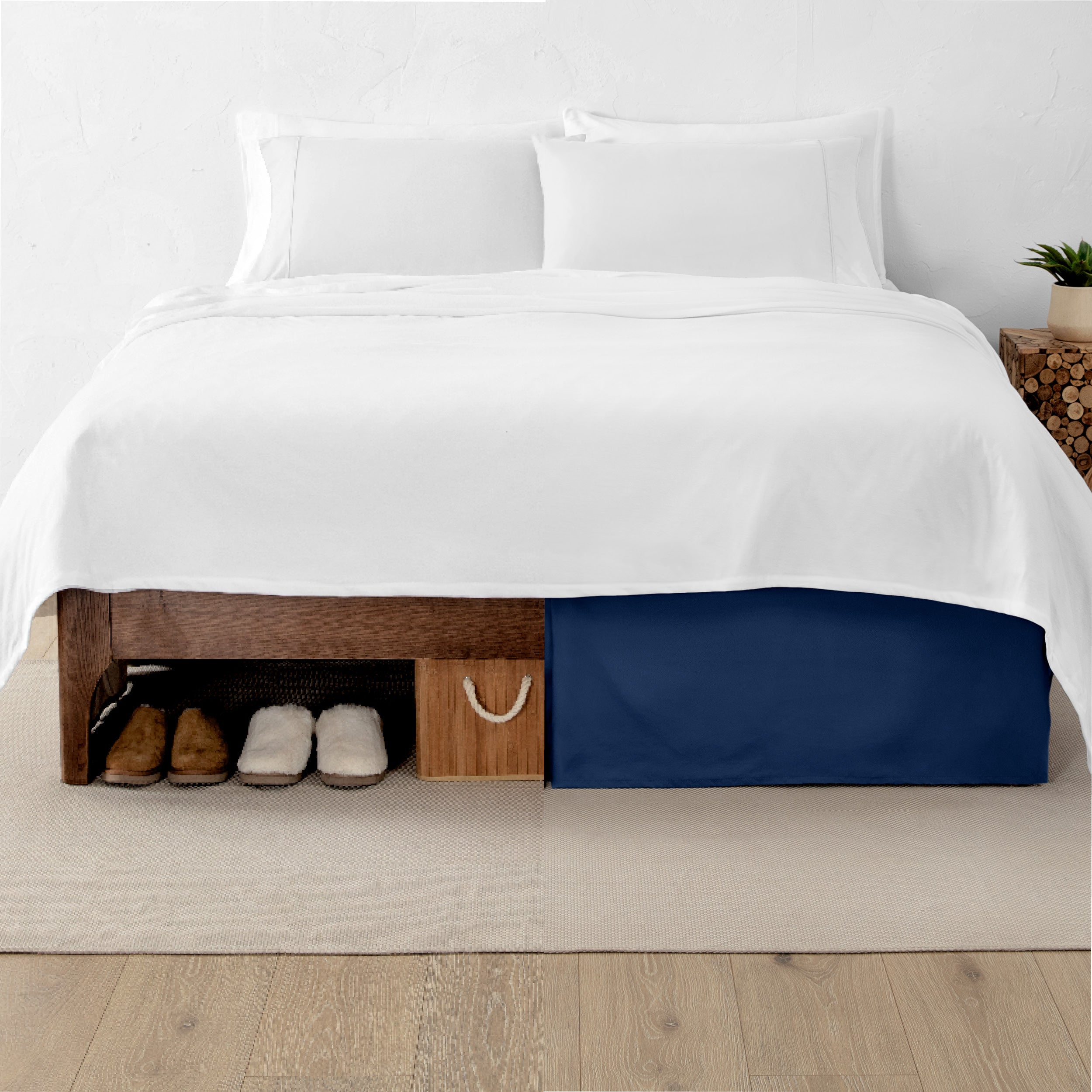 A split image showing a bed without a bed skirt on the left and with a bed skirt on the right.
