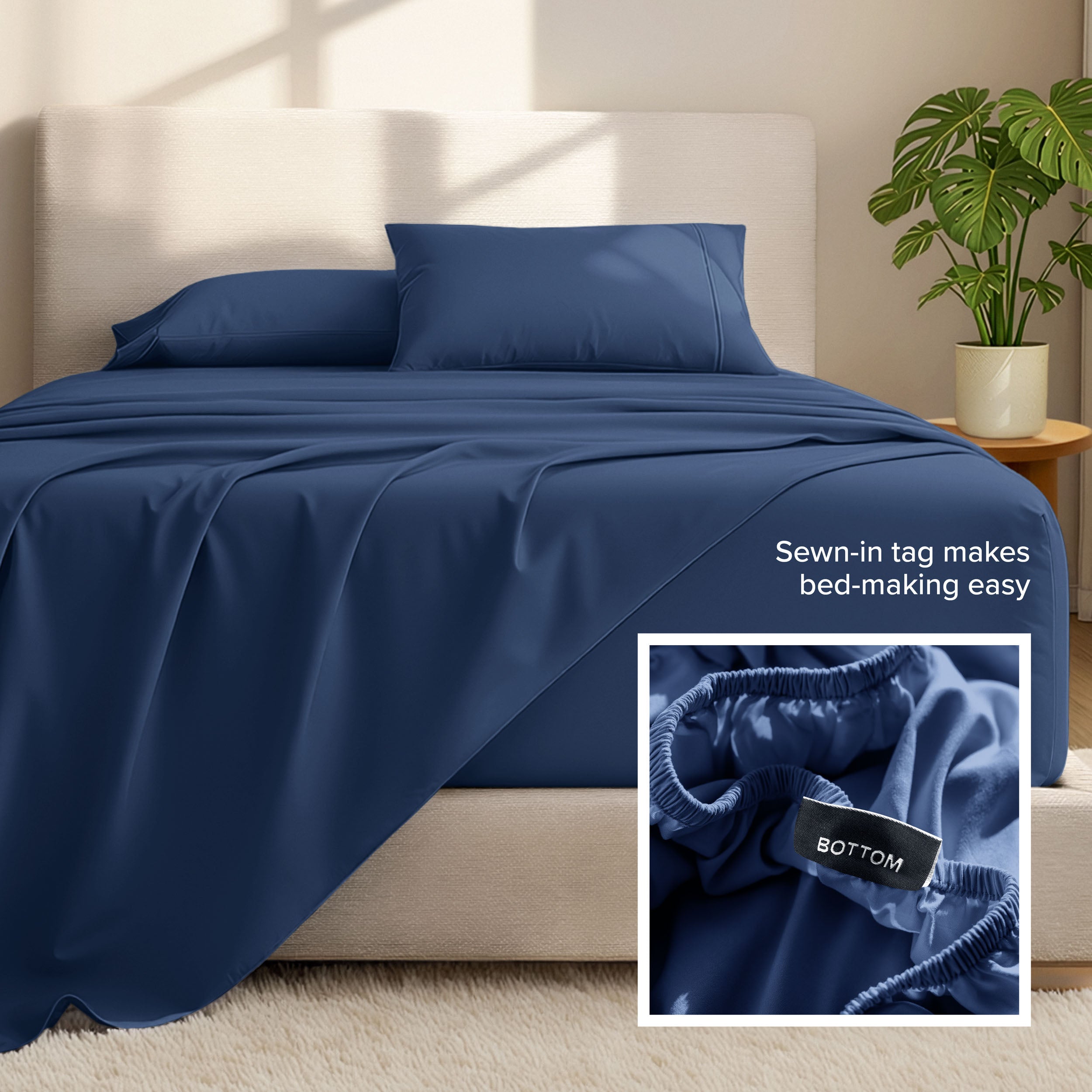Microfiber bed sheets and pillows on a bed with a plant in the background