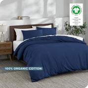 A modern bedroom with an organic cotton duvet set on the bed