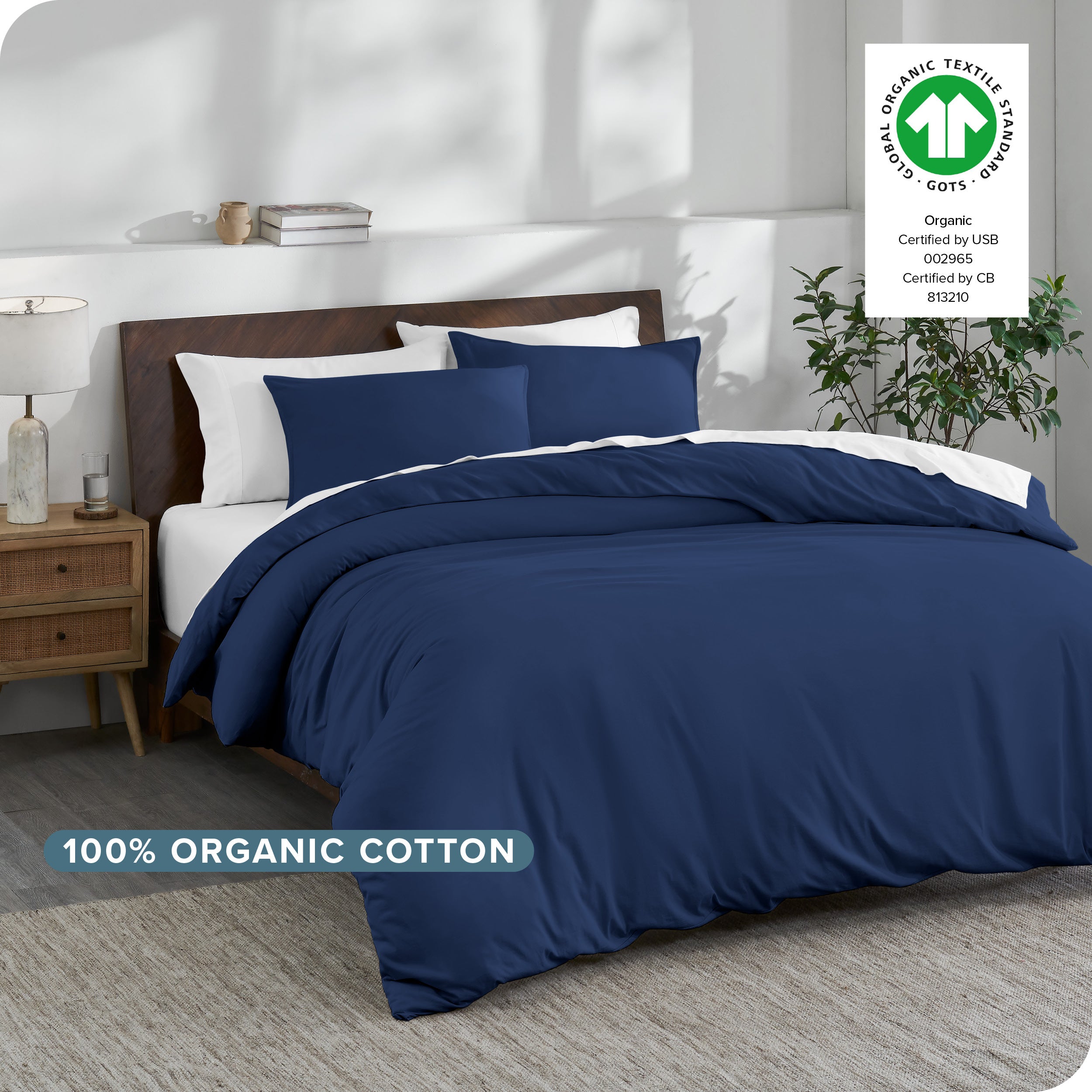A modern bedroom with an organic cotton duvet set on the bed