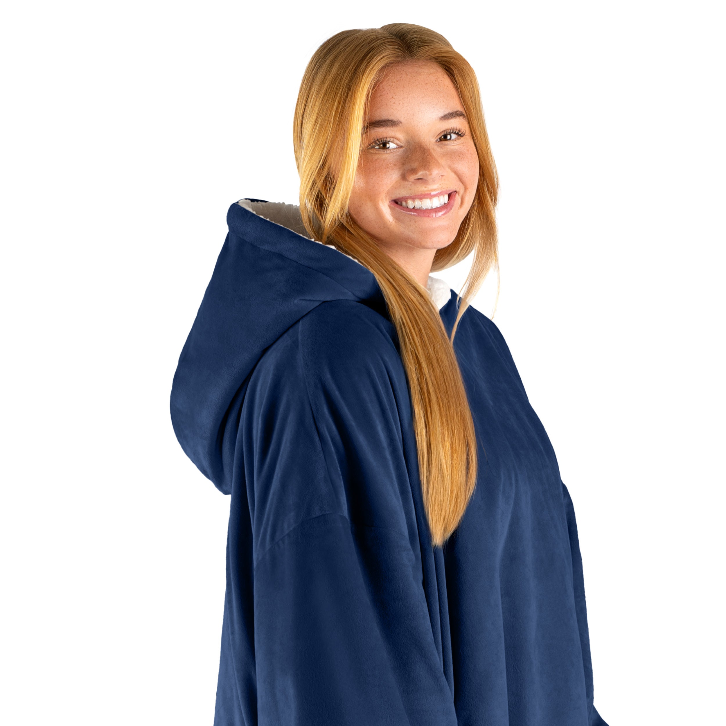 An adult with a hooded wearable blanket on