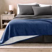 Sherpa Blanket laying on a bed folded over itself part way