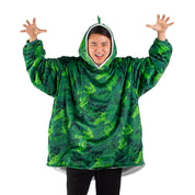 An adult with a hooded wearable blanket on