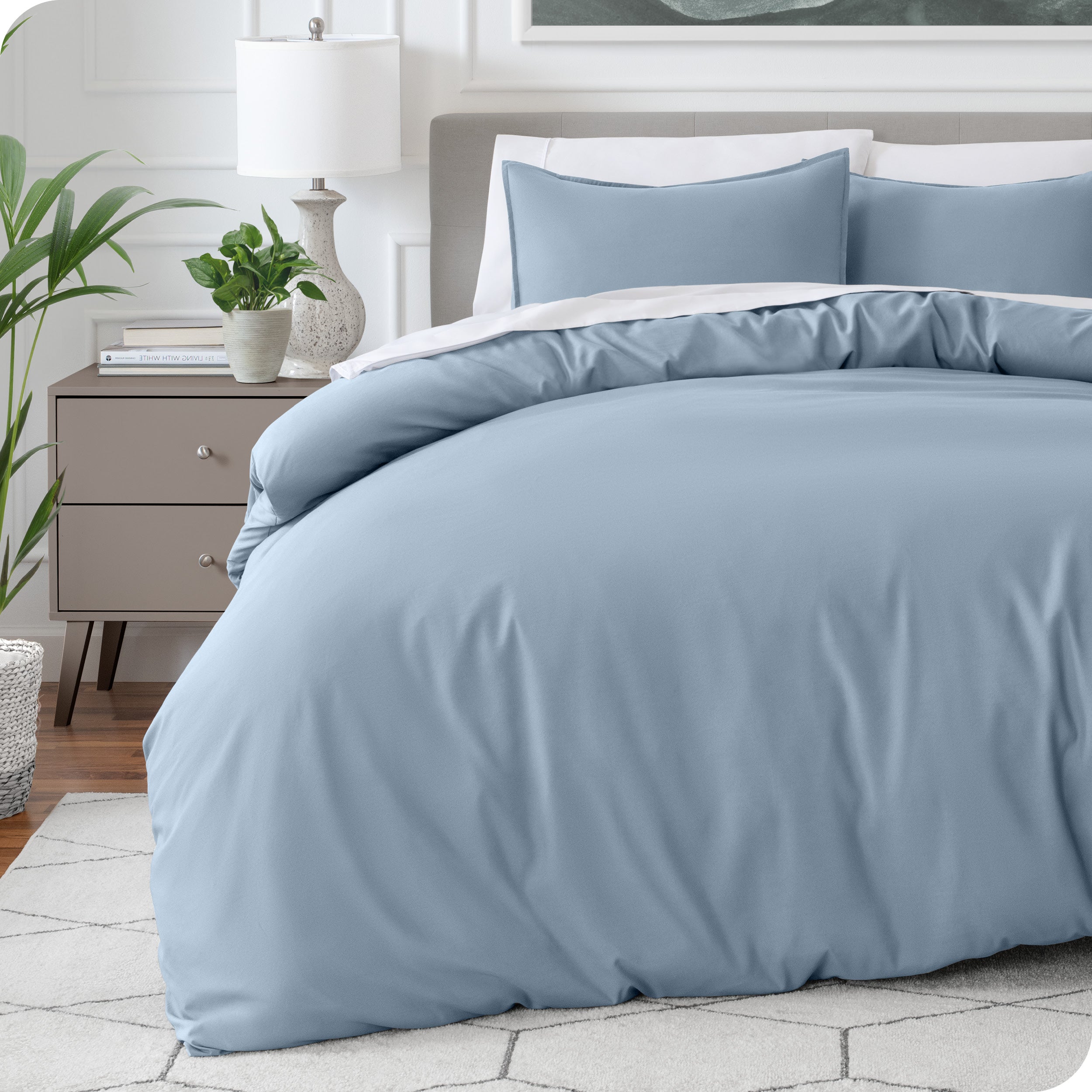 Modern bedroom with a microfiber duvet cover on the bed