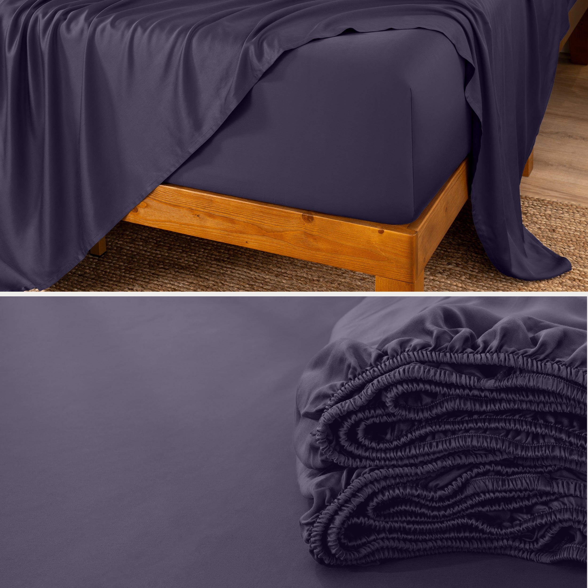 Bamboo fitted sheet on a wooden bed with a close-up of the folded sheet below.