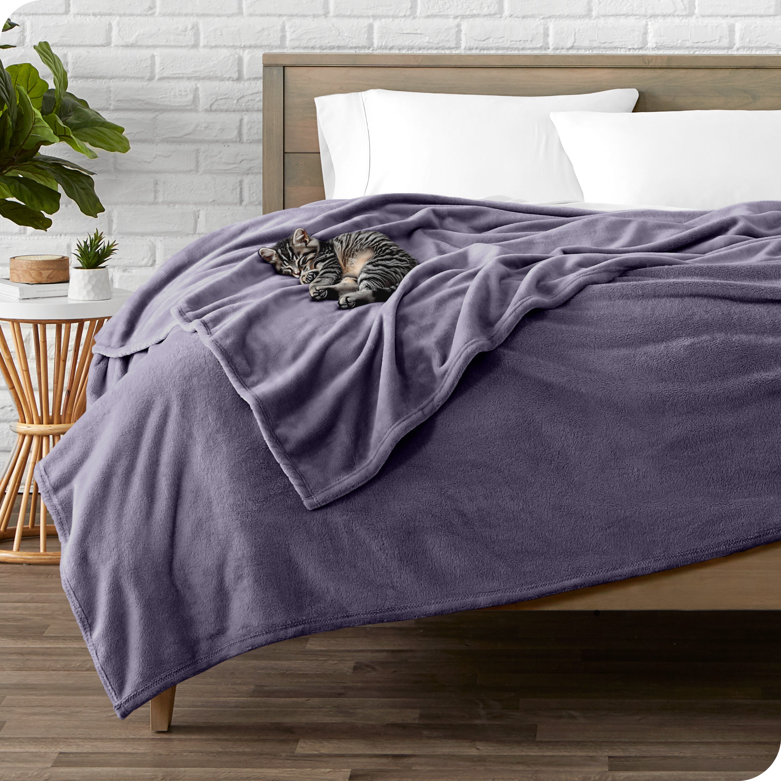 Microplush blanket laid out over a bed and folded back over itself