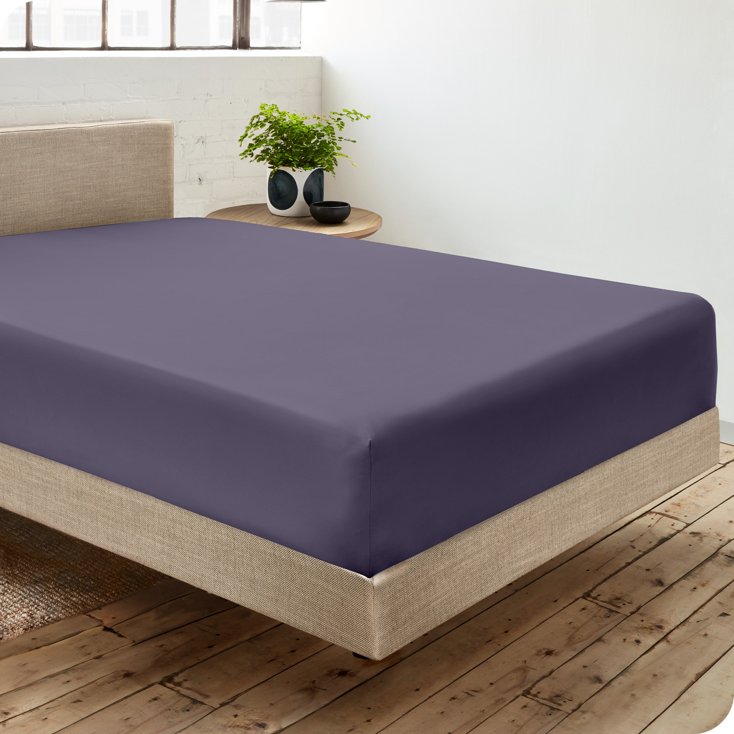 A single organic cotton fitted sheet on a bed
