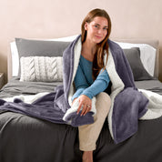 Woman cuddling with a sherpa blanket while sitting on the end of a bed