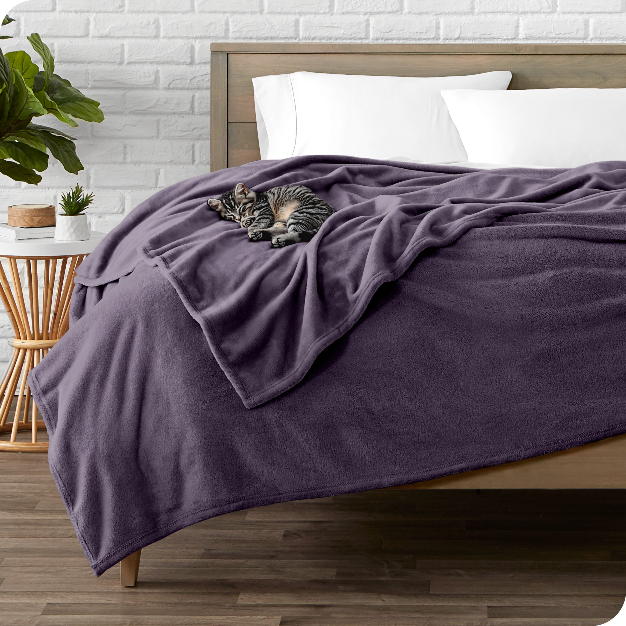 Microplush blanket laid out over a bed and folded back over itself