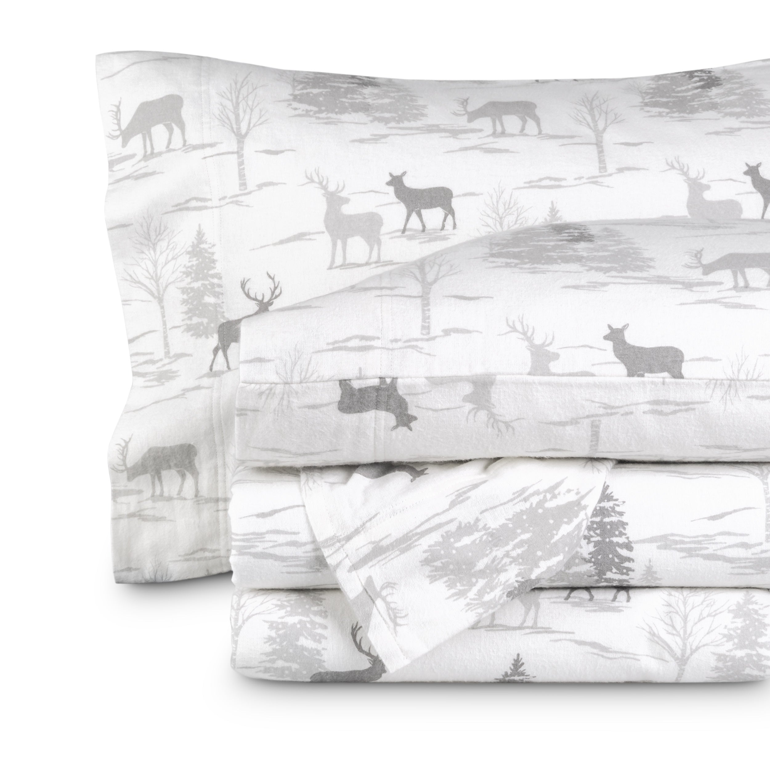 Printed flannel sheets folded and stacked