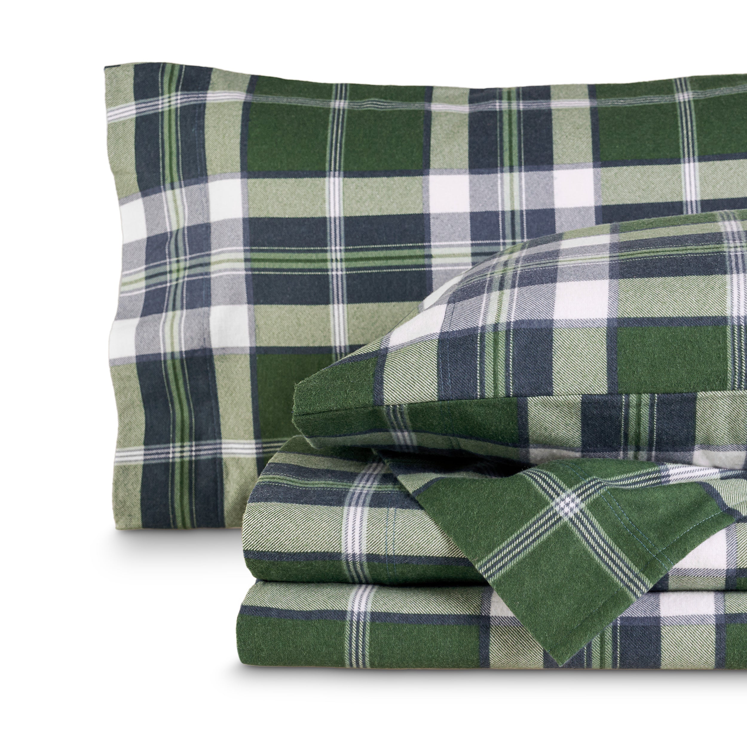 Printed flannel sheets folded and stacked