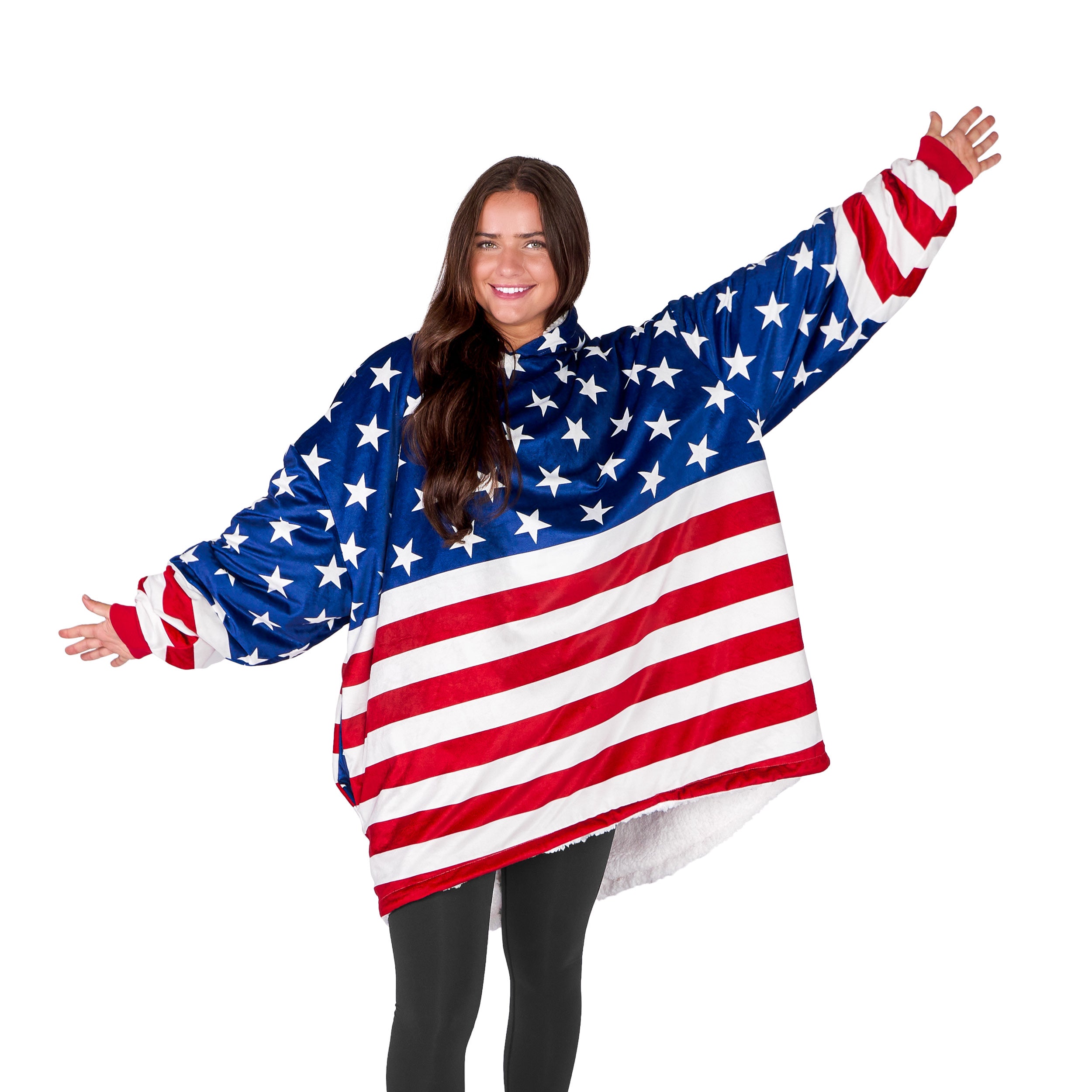 An adult with a hooded wearable blanket on