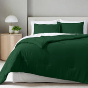 A comforter set on a bed in a bright modern room