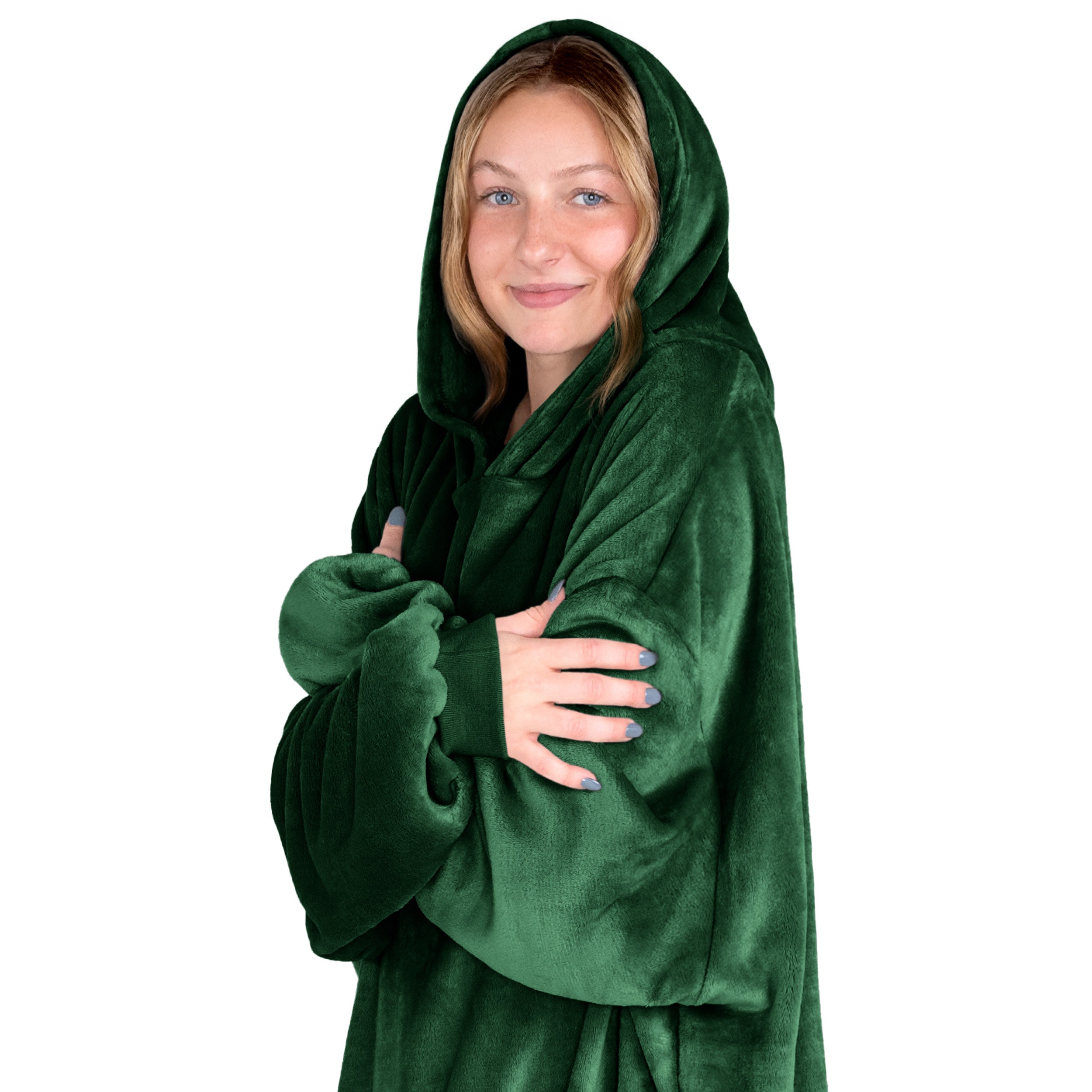 A woman is snuggled up in microplush wearable blanket