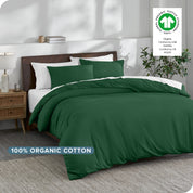 A modern bedroom with an organic cotton duvet set on the bed