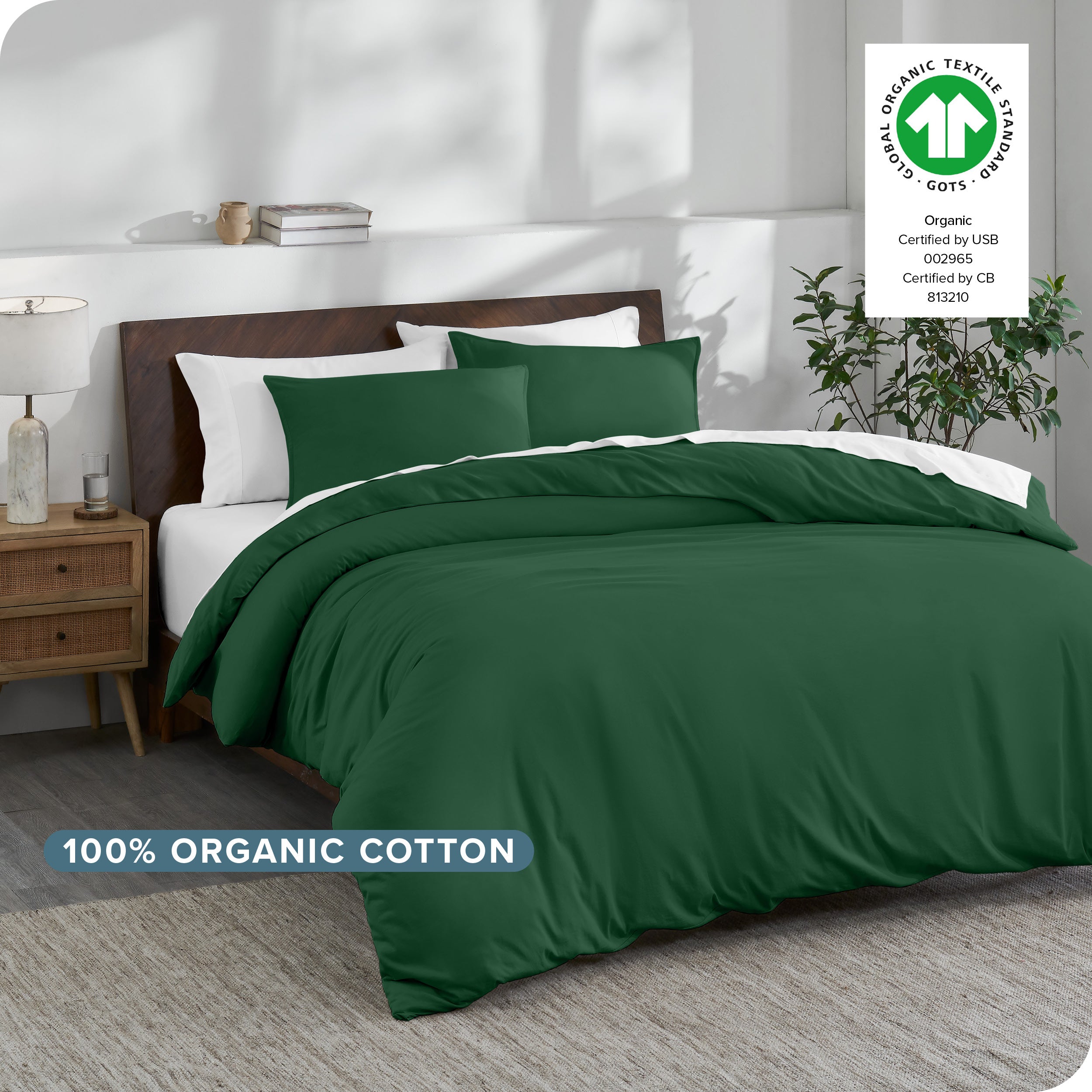 A modern bedroom with an organic cotton duvet set on the bed